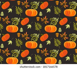 Hojas de otoño vectoriales y calabaza sin soldadura. Fondo creativo con octavillas