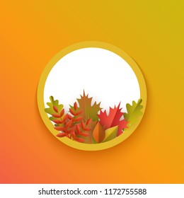 Vector autumn leaves with pumpkins circle frame on orange background. Advertising poster template with floral maple oak tree orange leaves, harvest vegetable for thanksgiving holiday seasonal design