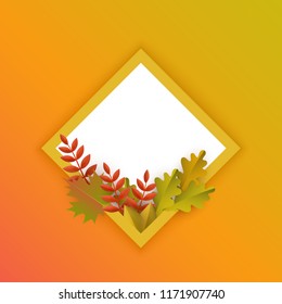 Vector autumn leaves with pumpkins rhombus frame on orange background. Advertising poster template with floral maple oak tree orange leaves, harvest vegetable for thanksgiving holiday seasonal design