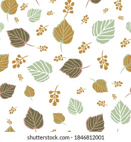 Vector Autumn Leaves And Quirky Berries Seamless Pattern. Suitable For Packaging, Home Decor, Fabric, Wallpaper And Other Design Projects. 