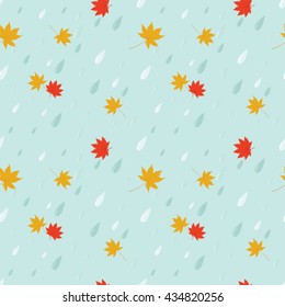 Vector autumn leaves in the rain seamless pattern. Can be used in web design, printed on fabric/paper, as a background, or as an element 