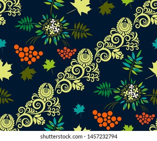 Vector autumn leaves and rowan seamless pattern. Floral stock vector illustration