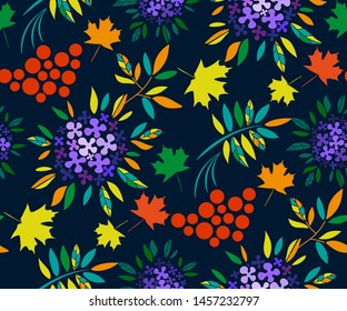 Vector autumn leaves and rowan seamless pattern. Floral stock vector illustration