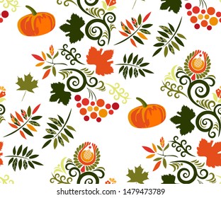 Vector autumn leaves and rowan seamless pattern. Floral stock vector illustration