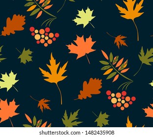 Vector autumn leaves and rowan seamless pattern. Floral stock vector illustration