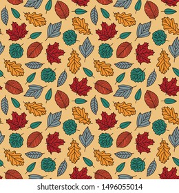 Vector autumn leaves seamless pattern in orange. Simple doodle leaves hand drawn made into repeat. Great for background, wallpaper, wrapping paper, packaging, fashion.