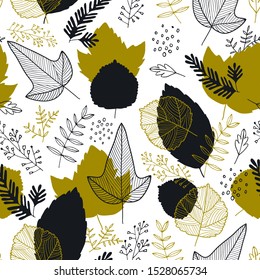Vector autumn leaves seamless pattern. Fall background for textile, wallpapers, gift wrap and scrapbook. Hand drawn illustration
