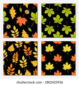 Vector autumn leaves seamless pattern on black background collection