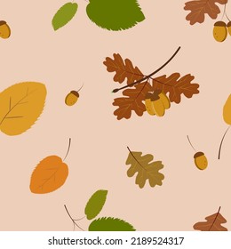 Vector autumn leaves seamless pattern. Repeating background with leaves, acorns. Thanksgiving symbols vector blob or digital paper.