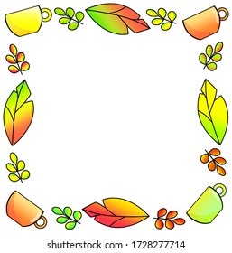 vector autumn  leaves and tea cups frame pattern isolated on white background
