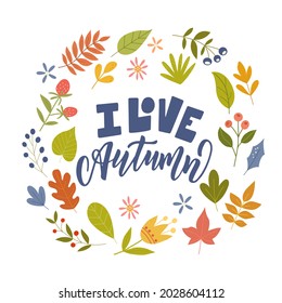 Composición vectorial de letras otoñales con hojas brillantes, bayas, flores sobre un fondo blanco. Para el diseño de postales, afiches, invitaciones. Para impresiones en camisetas, tazas, almohadas.
