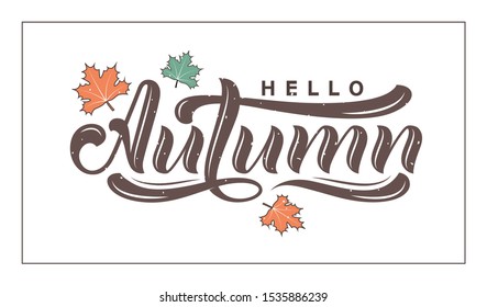 Vector autumn lettering with maple leaves. Hand writing text.
