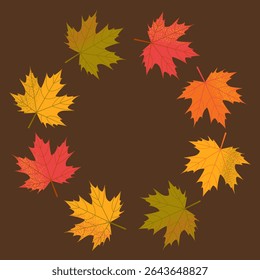 Vector autumn maple leaves arranged in a circle on a dark background with empty space for text. Round frame.