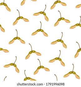 Vector autumn maple seeds seamless pattern on white background.