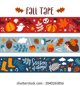 Vector autumn masking tapes with pumpkins, falling leaves, mushrooms, and hedgehog. Seamless fall borders with autumnal florals and seasonal elements.