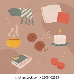 Vector autumn mood elements. Fall flat style plaid, pillows, cup of tea, cookies, candle, books, apples. Cozy illustration set.