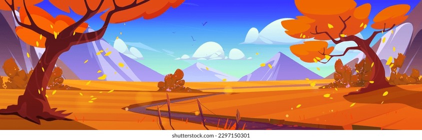 Vector autumn mountain forest landscape with path cartoon background scene. Fall nature scenery illustration with beautiful moutain and cloud in sky. Picturesque panoramic horizon route near highland