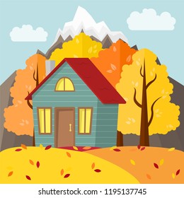 Vector autumn mountain landscape. Country house in the autumn forest.