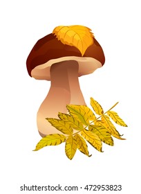 Vector autumn mushroom with leaves 