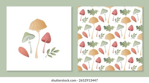 Vector autumn mushroom pattern and matching composition with tender pastel fungi and soft palette leaves. Warm textured illustration for seasonal card, print, textile decor or cozy fall design project