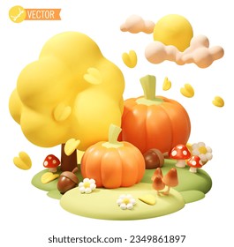 Vector autumn nature illustration. Fall or Indian summer mood. Pumpkins, mushrooms, acorns, falling yellow leaves from tree, flowers clouds and sun