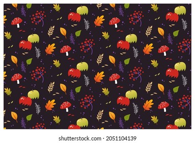 Vector de la naturaleza otoñal sin fisuras con plantas, hojas y manzanas. Diseño de impresión en forma de papel envolvente para las vacaciones de otoño