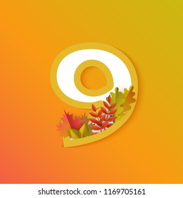 Vector autumn nine number 9 with forest leaves on orange background. Seasonal typography symbol illustration with floral maple oak tree leaves, thanksgiving holiday sign