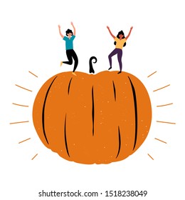 Vector autumn october pumpkin party celebration template with dancing man and woman. Funny print design with young people and huge vegetable