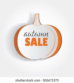 Vector autumn offer sticker. Creative paper cut out orange pumpkin. Template for sale, banner, poster, advertisement. Notch out symbol. Seasonal illustration