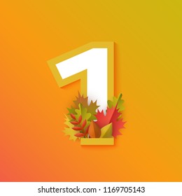 Vector autumn one number 1 with forest leaves on orange background. Seasonal typography symbol illustration with floral maple oak tree leaves, thanksgiving holiday sign