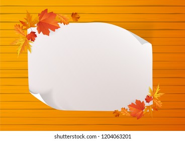 Vector autumn paper background with colorful tree leaves on wooden backdrop, design for fall season banner, poster, thanksgiving greeting card. Space for text,