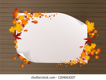 Vector autumn paper background with colorful tree leaves on wooden backdrop, design for fall season banner, poster, thanksgiving greeting card. Space for text,