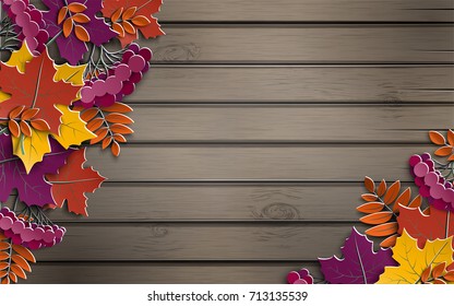 Vector Autumn Paper Background With Colorful Tree Leaves On Wooden Backdrop, Design For Fall Season Banner, Poster, Thanksgiving Greeting Card. Space For Text, Paper Cut Out Style, 3d Effect Imitation