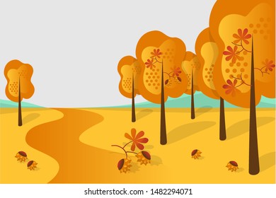 Vector autumn park or outdoor landscape with road, chestnut trees and chestnuts in foreground. Flat paper art illustration