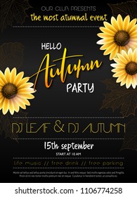 Vector autumn party poster with hand drawn lettering, yellow autumn flowers, doodle branches.