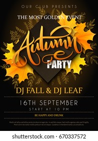 Vector autumn party poster with lettering, yellow autumn maple leaves, doodle branches and rhombus.