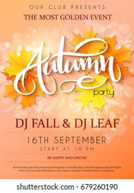 Vector autumn party poster with lettering, yellow autumn maple leaves, doodle branches and flares.