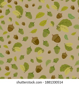 Vector autumn pattern of acorns and oak leaves on a beige