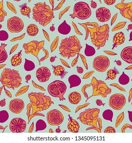 Vector autumn pattern background with lots of small elements flowers, leaves, fig fruit, pomegranate, berries, artichokes. Surface pattern design for fabric, paper, backgrounds