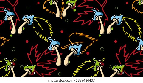 vector autumn pattern. Black background. autumn leaves and mushroom,
colorful seamless pattern. printing on fabric, paper, ceramics