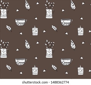 Vector autumn pattern. Candle, leaves, 
jug, branches, cup.
