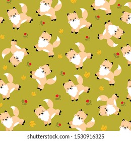 
Vector autumn pattern with cheerful little foxes on a green background. Cute kawaii foxes jumping in different directions.