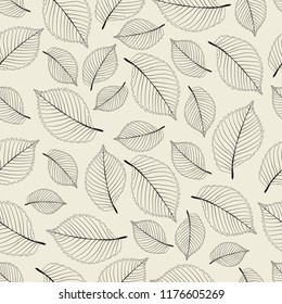 Vector autumn pattern. Contour leaves on beige background.