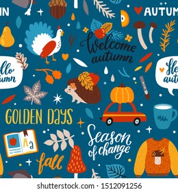 Vector autumn pattern with cute cartoon animals, floral elements and phrases about fall season. Repeated texture with lettering. Cozy hand drawn seasonal background.