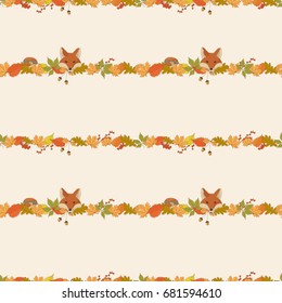 Vector autumn pattern design, pastel colored leaves and fox.