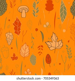 Vector autumn pattern with the image of leaves, branches, forest animals, autumn elements. Orange, red, beige colors.