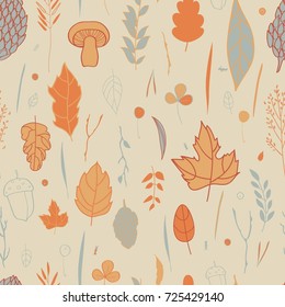 Vector autumn pattern with the image of leaves, branches, forest animals, autumn elements. Gray, beige, orange colors. 