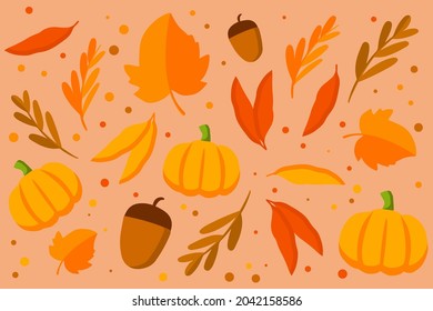 vector autumn pattern with leaves, acorn, and pumpkin flat design