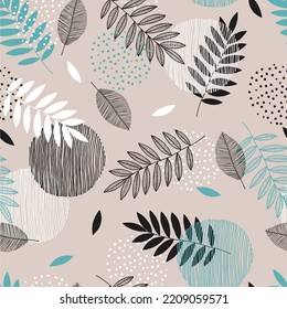 Vector autumn pattern with leaves, stripes and dots. Scandinavian style. Linear boho sketch