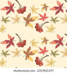 Vector autumn pattern with leaves.Multicolored autumn leaves and berries on a colored background in a vector seamless pattern.